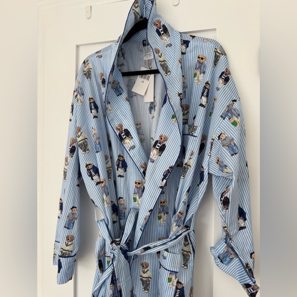 Polo Ralph Lauren Polo Bear Robe BNWT L/XL Luxury Blue Stripe Iconic Print - Picture 8 of 10